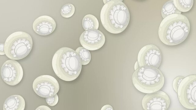 Falling White Mushroom Slices Animation on Neutral Mesh Background