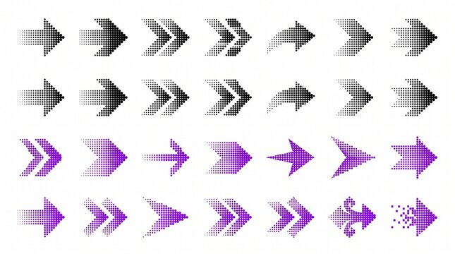 Halftone dotted arrow icon collection vector set isolated on white background