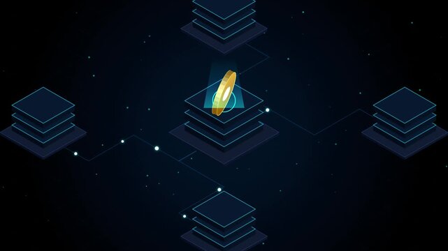 Spinning golden crypto coin on digital server platform in dark futuristic network.
