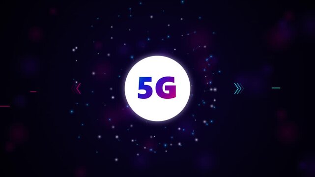 Abstract 5g logo rotating on dark background with glittering plexus particles video.
