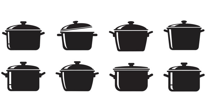 Black silhouettes of various cooking pots and pans on a white background