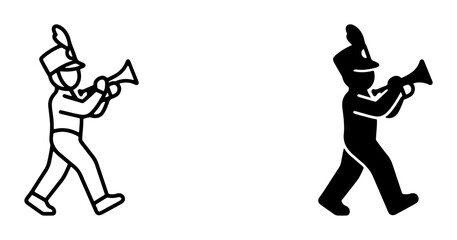 Marching Band Musician Icon Set, Outline and Silhouette, Trumpet Player Vector Graphics for Parade and Performance Themes © Nijam