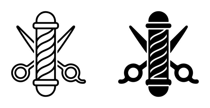 Barber Pole and Scissors Icons, Classic Hair Salon Symbol, Vintage Grooming Service Emblem, Black and White Vector Graphics