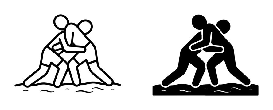 Wrestling Icons, Grappling Sport Figures, Two Wrestlers Silhouette, Athletic Competition Vector Art