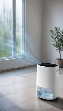 Dehumidifier beside condensed window in modern room, humidity control concept for healthy indoor air