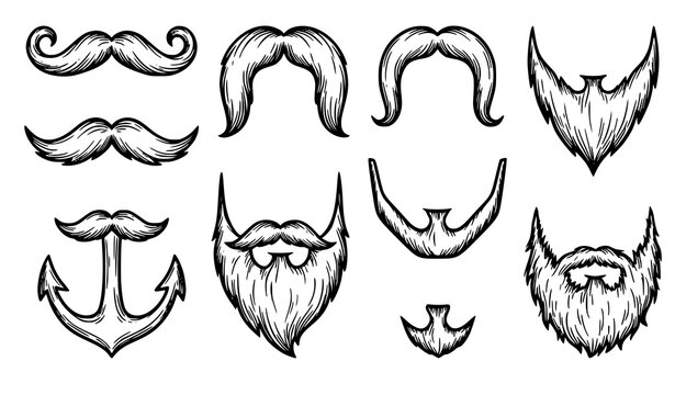 Vintage barbershop beard and mustache vector set featuring handlebar walrus horseshoe and classic masculine facial hair designs