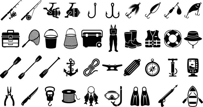 Comprehensive set of fishing and marine sports equipment icons includes rods, reels, lures, tackle, boat gear, safety items, and diving tools in black silhouettes