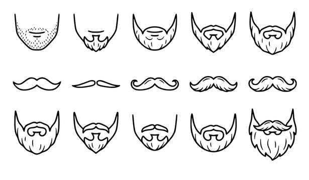 Modern masculine beard and mustache grooming icon collection with stubble full beard tapered styles and hand drawn black outlines