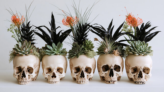 Five skull planters with succulents and orange flowers create spooky seasonal shelf arrangement against pale background