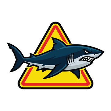 Angry great white shark mascot illustration with sharp teeth in front of a yellow caution triangle symbol on white background