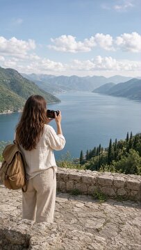 Young Woman Taking Photos of a Scenic Mountain Lake Landscape During a Summer Hiking Adventure