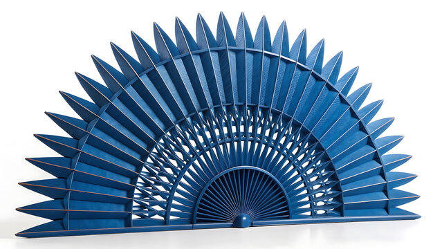 Large decorative blue folding fan sculpture displayed in a modern hall