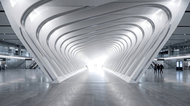 Modern white futuristic interior architecture with curved structural tunnel design