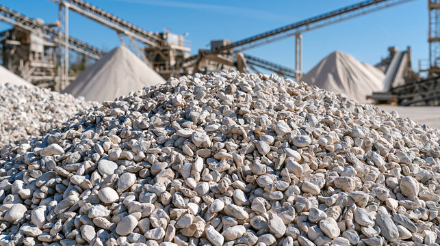 Large processed aggregate pile at quarry with conveyor belt and industrial plant under clear blue sky