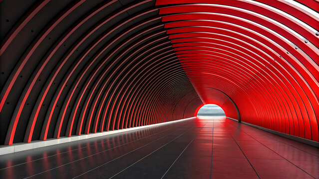 Modern tunnel structure with repeating red arches and bright exit