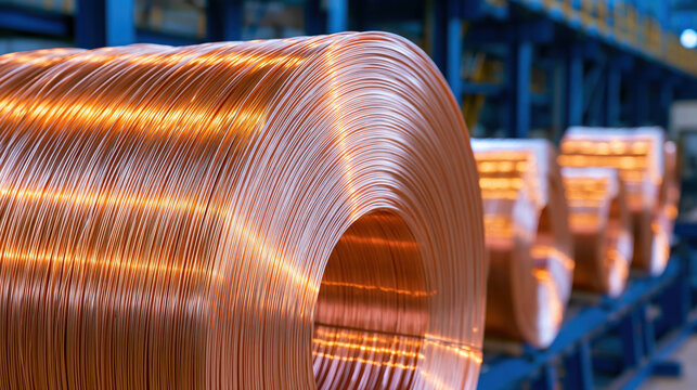 Modern copper wire production facility featuring enormous glowing coil of finely drawn copper wire in industrial storage