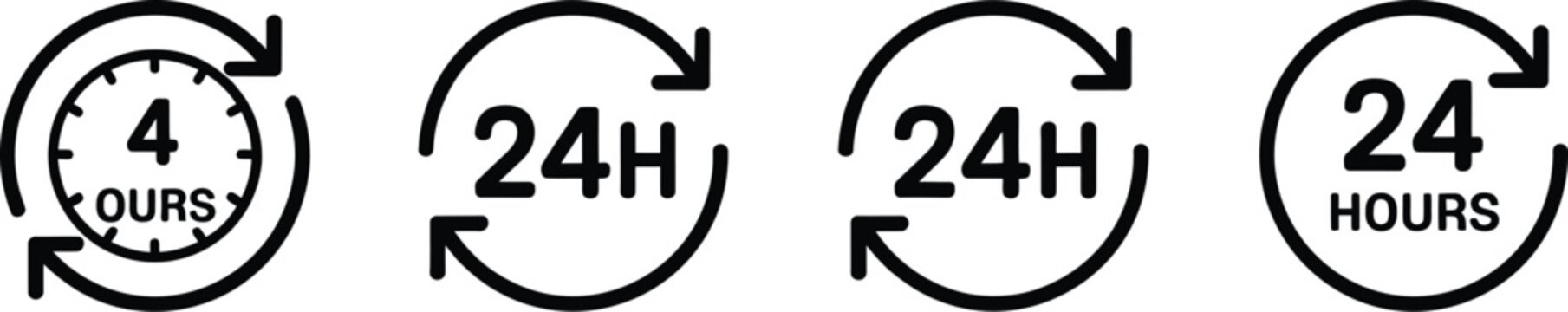 24 hours icon representing round-the-clock service, continuous availability, business support, customer assistance, and nonstop operations.