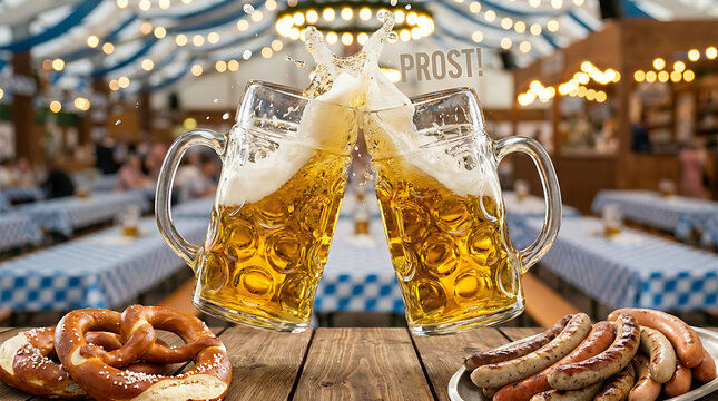 Two beer steins clinking in toast at festive celebration