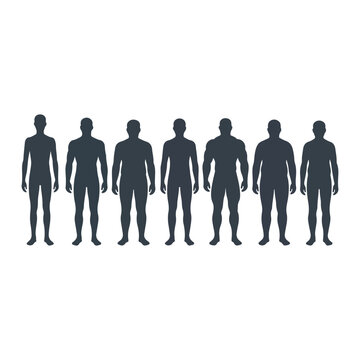 Silhouettes of men with different body types and physical builds standing in a row on a white background.