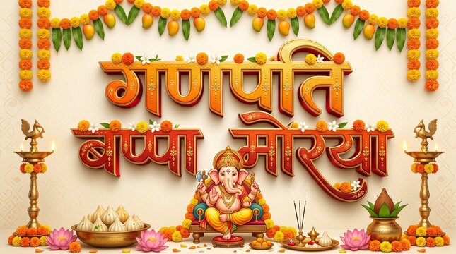 Ganpati bappa morya festive greeting with lord ganesha and modaks