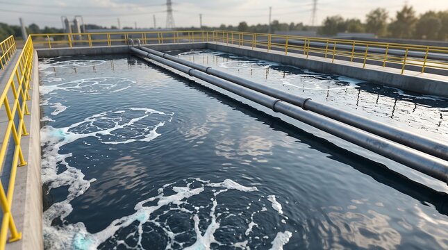 Industrial wastewater treatment plant aeration tank with bubbling water and steel pipes for municipal sewage purification processes in a modern facility during a bright sunny afternoon