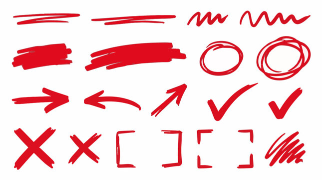 Red marker doodle vector pack with hand drawn underlines highlights and correction marks