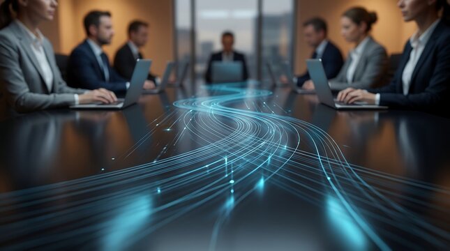 Corporate team in boardroom meeting with glowing digital data streams flowing across conference table representing advanced artificial intelligence and future business connectivity strategy