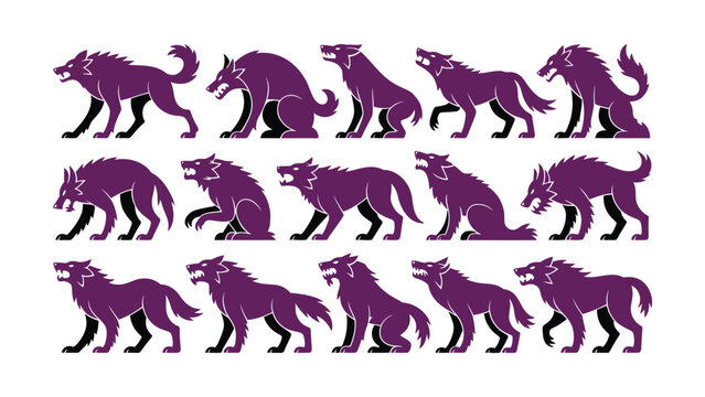 Set of vector purple werewolf silhouettes in various dynamic angry poses for design projects