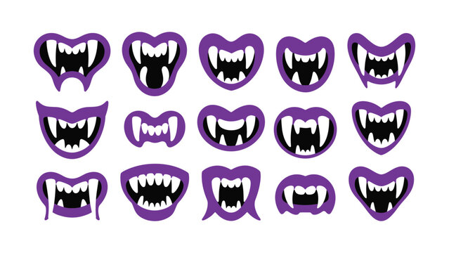 Set of diverse purple monster mouths with sharp vampire fangs and teeth