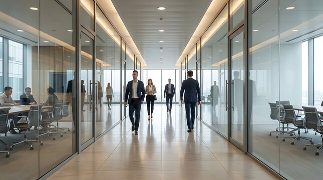 Business professionals walking down a modern office corridor with glass-walled meeting rooms on either side, symbolizing corporate success and teamwork