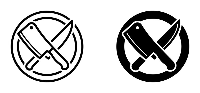 Butcher Knives Crossed Vector Icons, Meat Cleaver and Chef Knife Symbols, Restaurant and Food Service Emblems, Black and White Graphics
