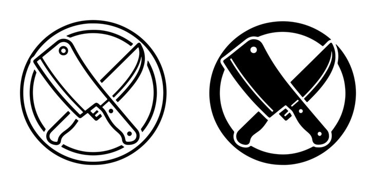 Butcher Knives, Cleaver and Chef Knife Vector Icons, Crossed Blades Symbol, Black and White Graphic Resources for Food Service and Culinary Themes
