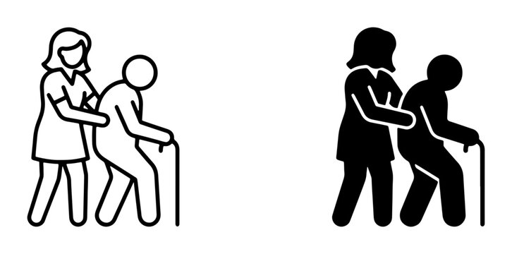 Elderly Caregiver Support Icon Set, Senior Assistance, Helping Hand, Medical Aid, Nursing Home, Home Care, Healthcare Vector Illustration