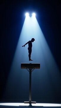 Silhouette of a gymnast in motion on a pommel horse, white, gymnastics