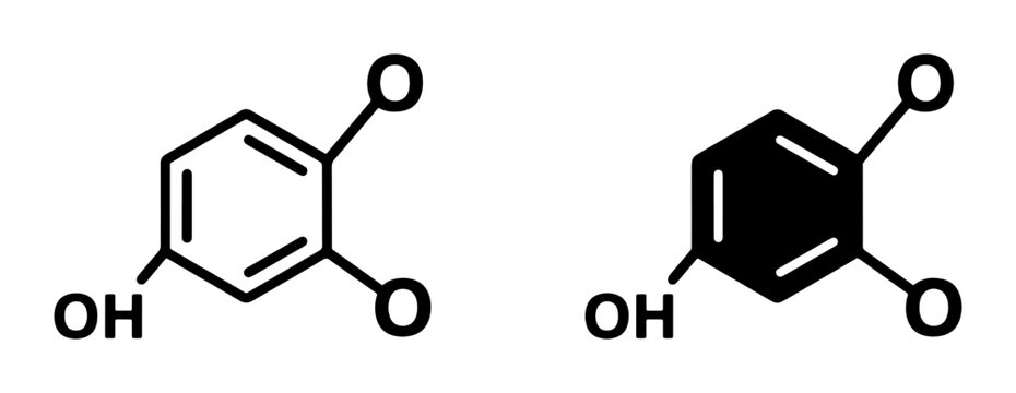 Hydroquinone Chemical Structure, Organic Molecule, Two Representations: Outline and Solid Fill, Scientific Illustration for Chemistry and Science Education