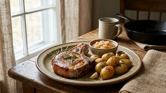 Grilled pork chop with roasted small potatoes and herbs served on a plate near a sunny kitchen window. chuleta de cerdo