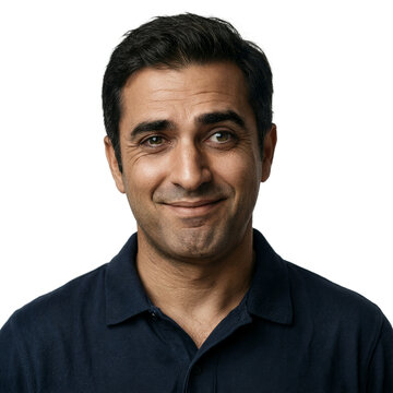Portrait man amusement 53 year old Middle Eastern male wearing navy blue polo shirt isolated on a transparent background