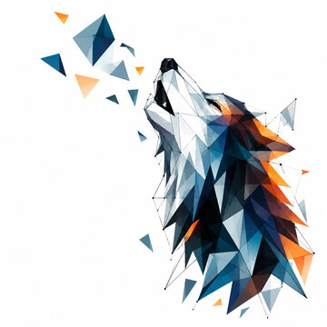 AI generated howling wolf formed from angular polygon facets wireframe lines blue teal charcoal orange floating geometric shards clean white background