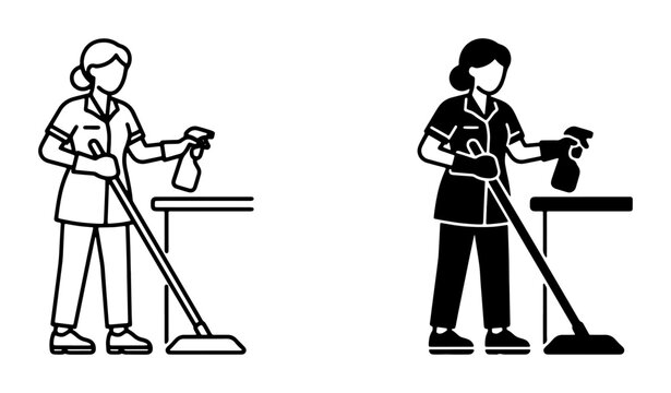 Housekeeper Cleaning Icon Set, Maid Service Vector Graphics, Domestic Worker Silhouette, Janitorial Staff Symbols, Professional Cleaning Staff