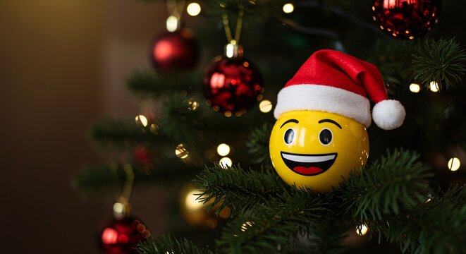 Emoji Ornament with Santa Hat Hanging on Christmas Tree