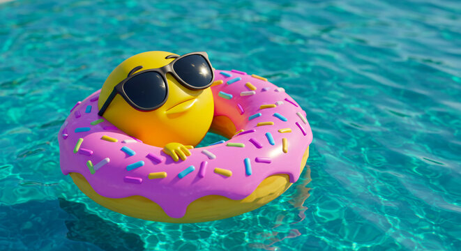 Emoji with Sunglasses Floating in Donut Pool Float 3D Illustration