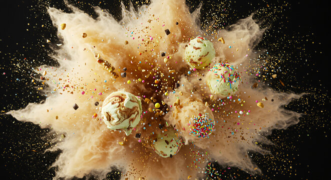 Ice Cream Scoops Exploding with Powder and Crumbs