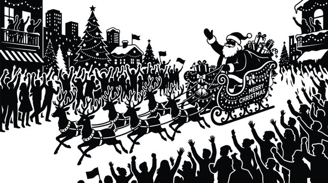 Santa claus riding reindeer sleigh with gifts is depicted as a black silhouette against a white background christmas