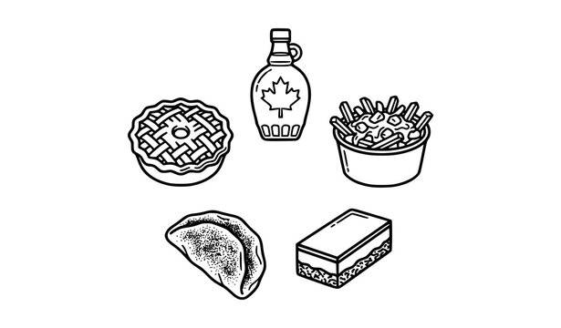 Traditional Canadian Cuisine Black Outline Icons for Maple Poutine Pastry and Pie