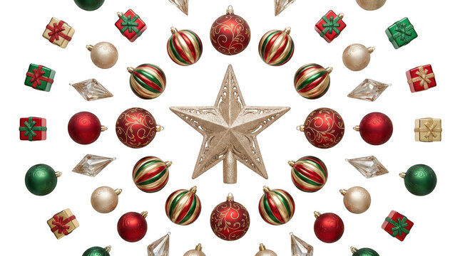 Christmas ornaments arranged in a circle with a star isolated on transparent background