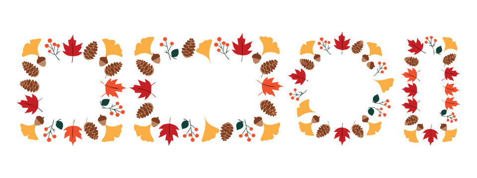 Autumn foliage frame collection with colorful fall leaves acorns and berries vector templates.