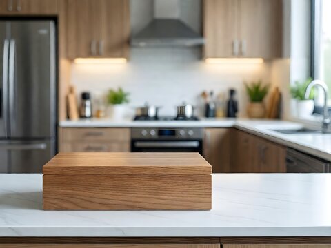 Wooden podium on white table with free space and blurred modern kitchen interior background