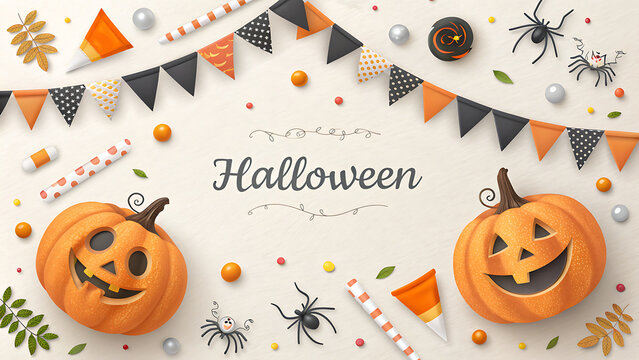 Festive Halloween Background with Carved Pumpkins, Bunting Garland, Candy, and Spiders Top View Flat Lay