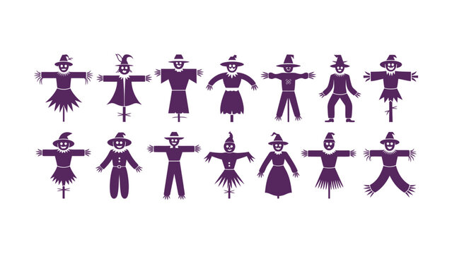 Set of fourteen vector icons showing scarecrow characters for farm and autumn agricultural themes