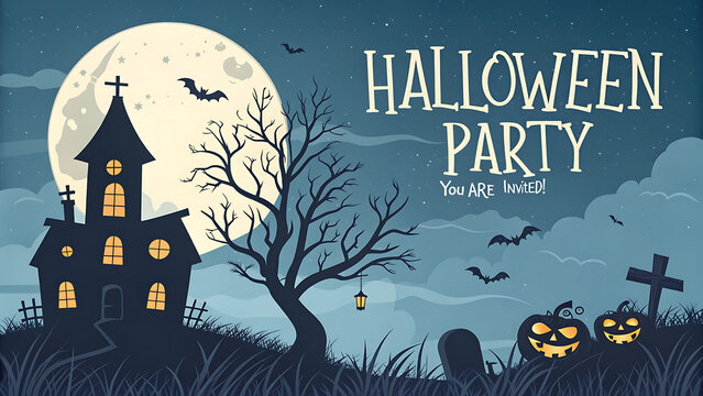 Halloween Party Invitation Banner with Haunted House, Jack-o'-Lantern, and Full Moon Vector Illustration
